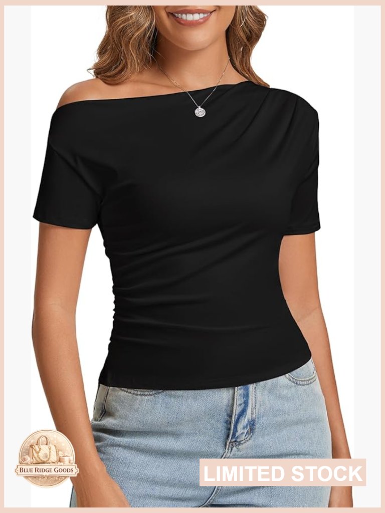 Off Shoulder Asymmetrical Ruched Top Y2k Slim Fit Short Sleeve Summer Trendy